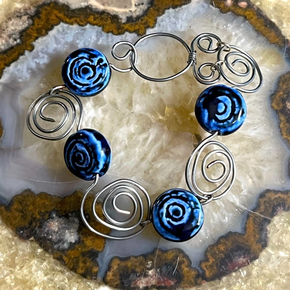 Sterling Silver Blue Beaded Wire Wrapped Handmade Bracelet